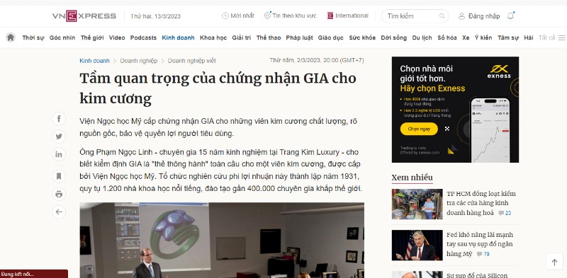 Báo VnExpress phỏng vấn Ông Phạm Ngọc Linh - Chuyên gia Trang Kim Luxury về sự quan trọng của Kiểm định kim cương GIA